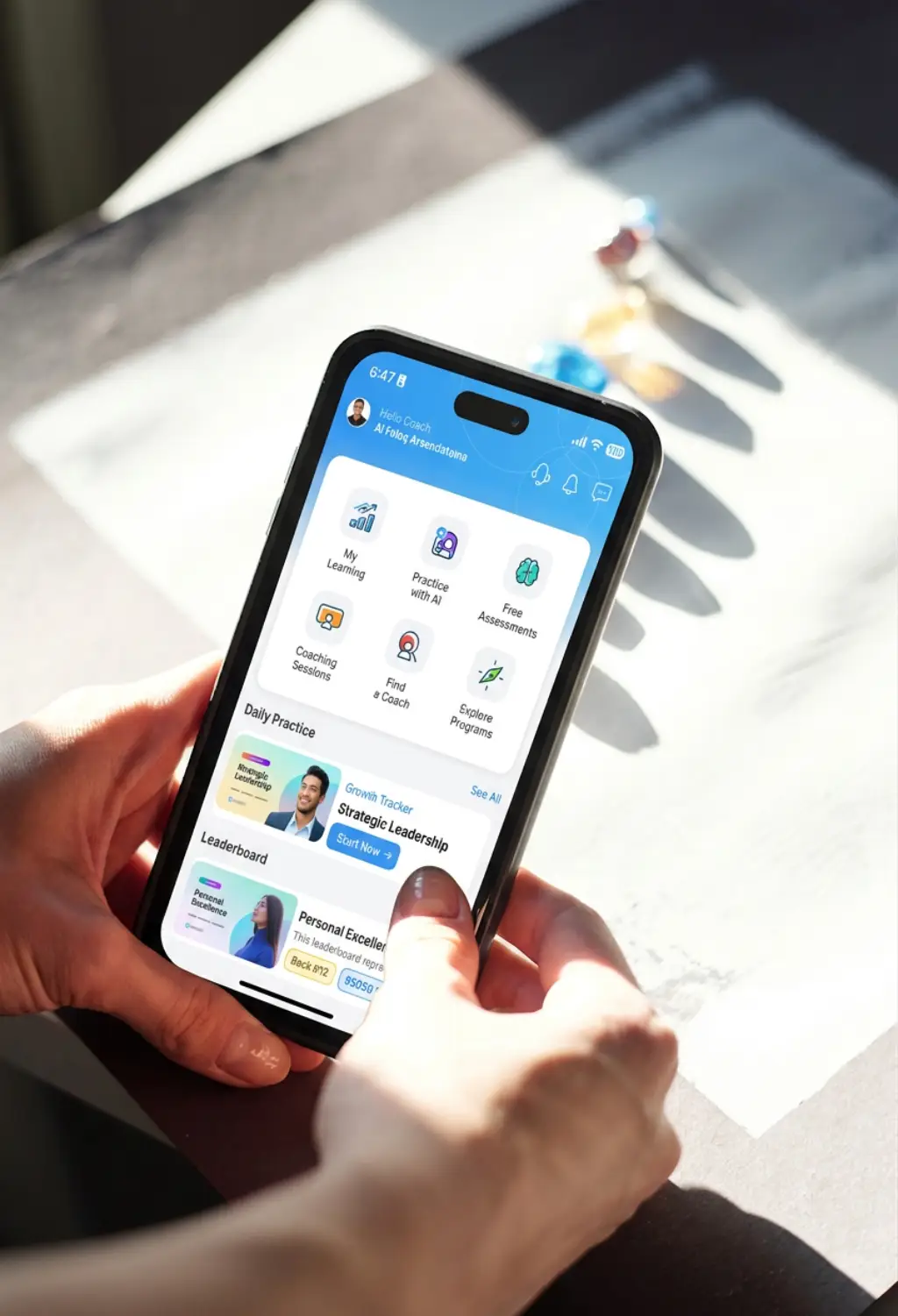 Tampilan fitur AI Simulation pada aplikasi Visecoach di layar ponsel.